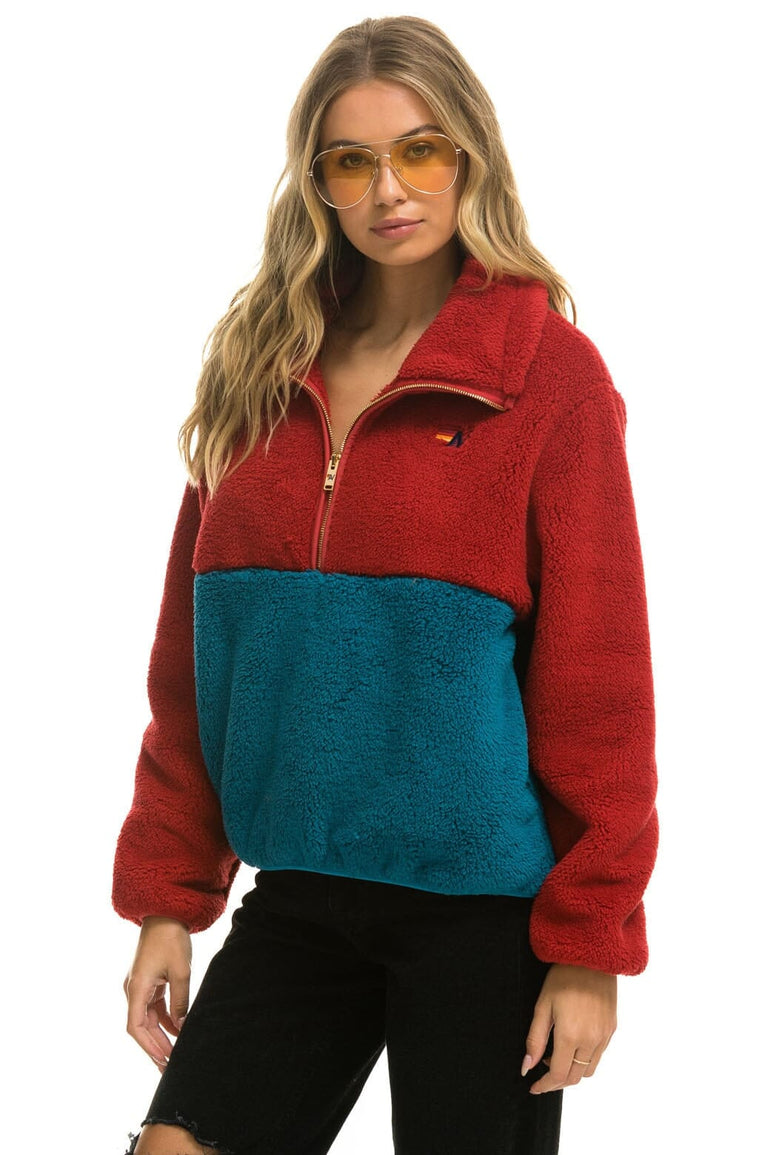WOMEN'S TEDDY APRES HALF ZIP COLOR BLOCK JACKET - CHERRY Women's Outerwear Aviator Nation
