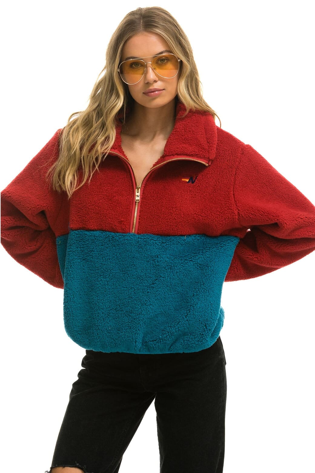 WOMEN'S TEDDY APRES HALF ZIP COLOR BLOCK JACKET - CHERRY Women's Outerwear Aviator Nation 