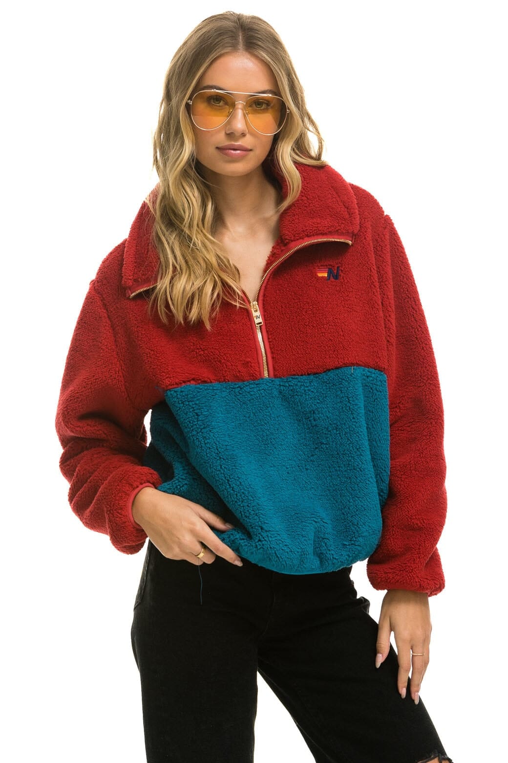 TEDDY APRES HALF ZIP COLOR BLOCK JACKET - CHERRY – Aviator Nation